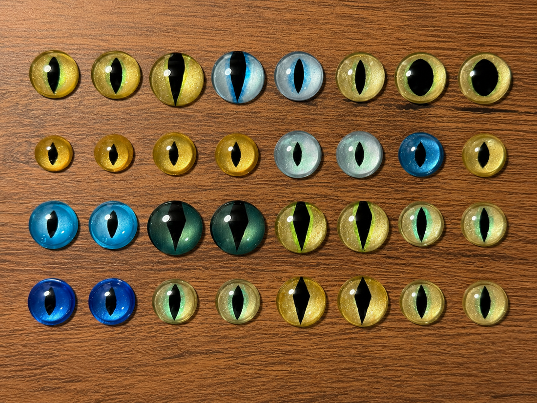 Hand-cast resin eyes palette showing iris color and pupil variations