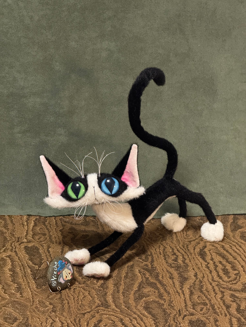 Pawcho the Odd-Eyed Tuxedo Cat Art Doll - OOAK Poseable Faux Mohair Plush - Handcrafted Artisan Collectible - SoftLore