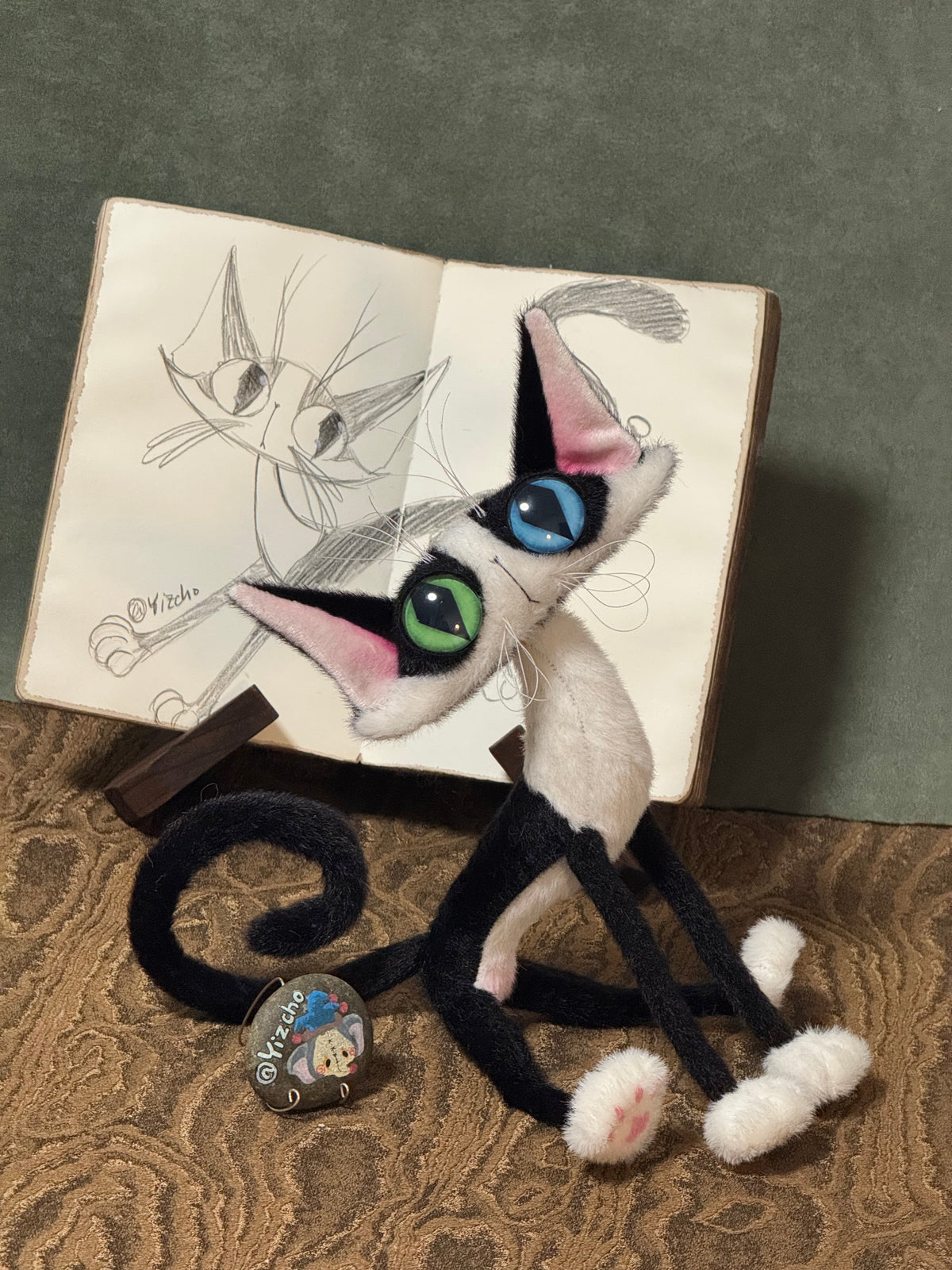 Pawcho the Odd-Eyed Tuxedo Cat Art Doll - OOAK Poseable Faux Mohair Plush - Handcrafted Artisan Collectible - SoftLore