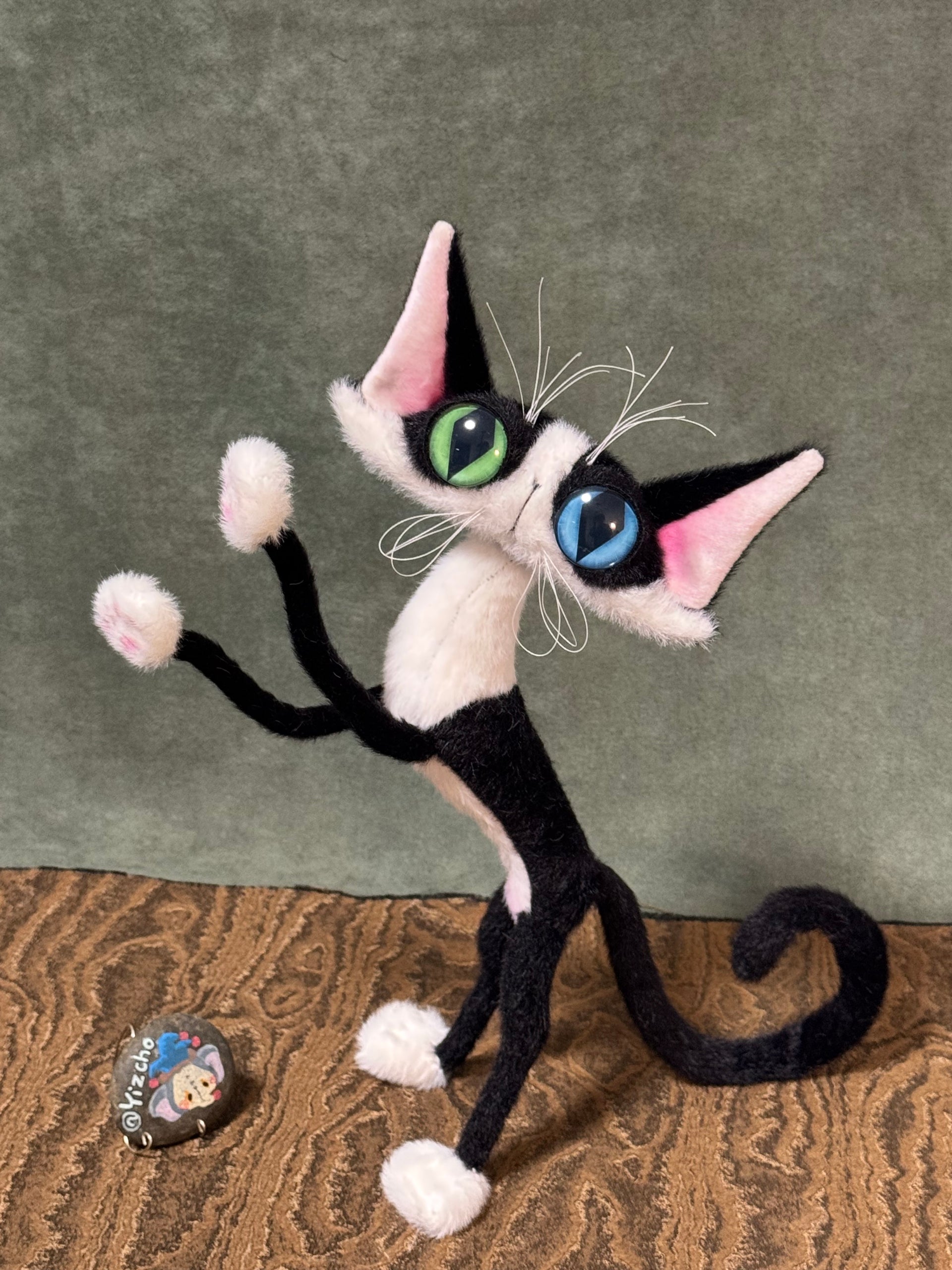 Pawcho the Odd-Eyed Tuxedo Cat Art Doll - OOAK Poseable Faux Mohair Plush - Handcrafted Artisan Collectible - SoftLore