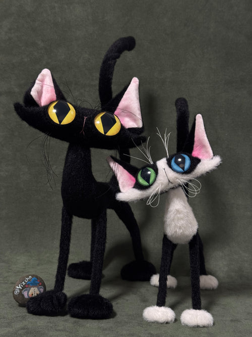 Pawcho the Odd-Eyed Tuxedo Cat Art Doll - OOAK Poseable Faux Mohair Plush - Handcrafted Artisan Collectible - SoftLore