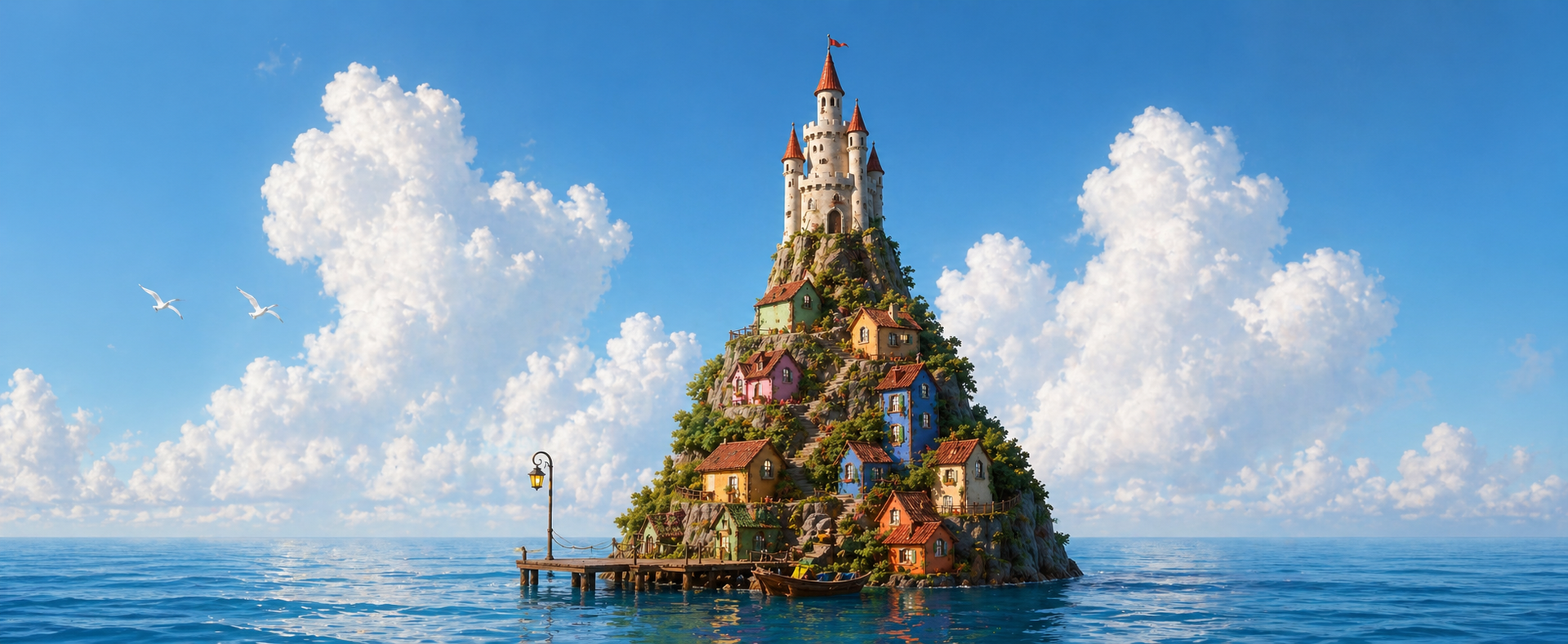 SoftLore's storybook island with colorful houses and a castle by the sea