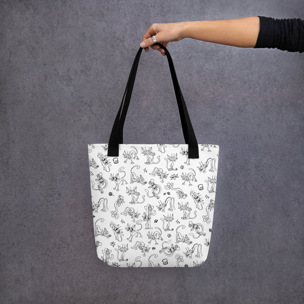 Printful mockup of the Yizcho Cat Parade tote held against a grey backdrop.