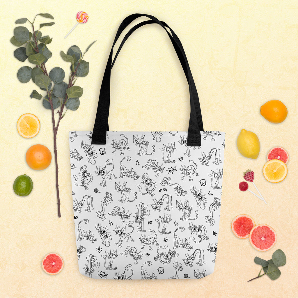 Printful spring and summer flat-lay mockup of the Yizcho Cat Parade tote with citrus on a yellow background; props are not included.