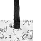 Printful detail mockup showing the black handle, stitching and cat linework on the Yizcho Cat Parade tote.