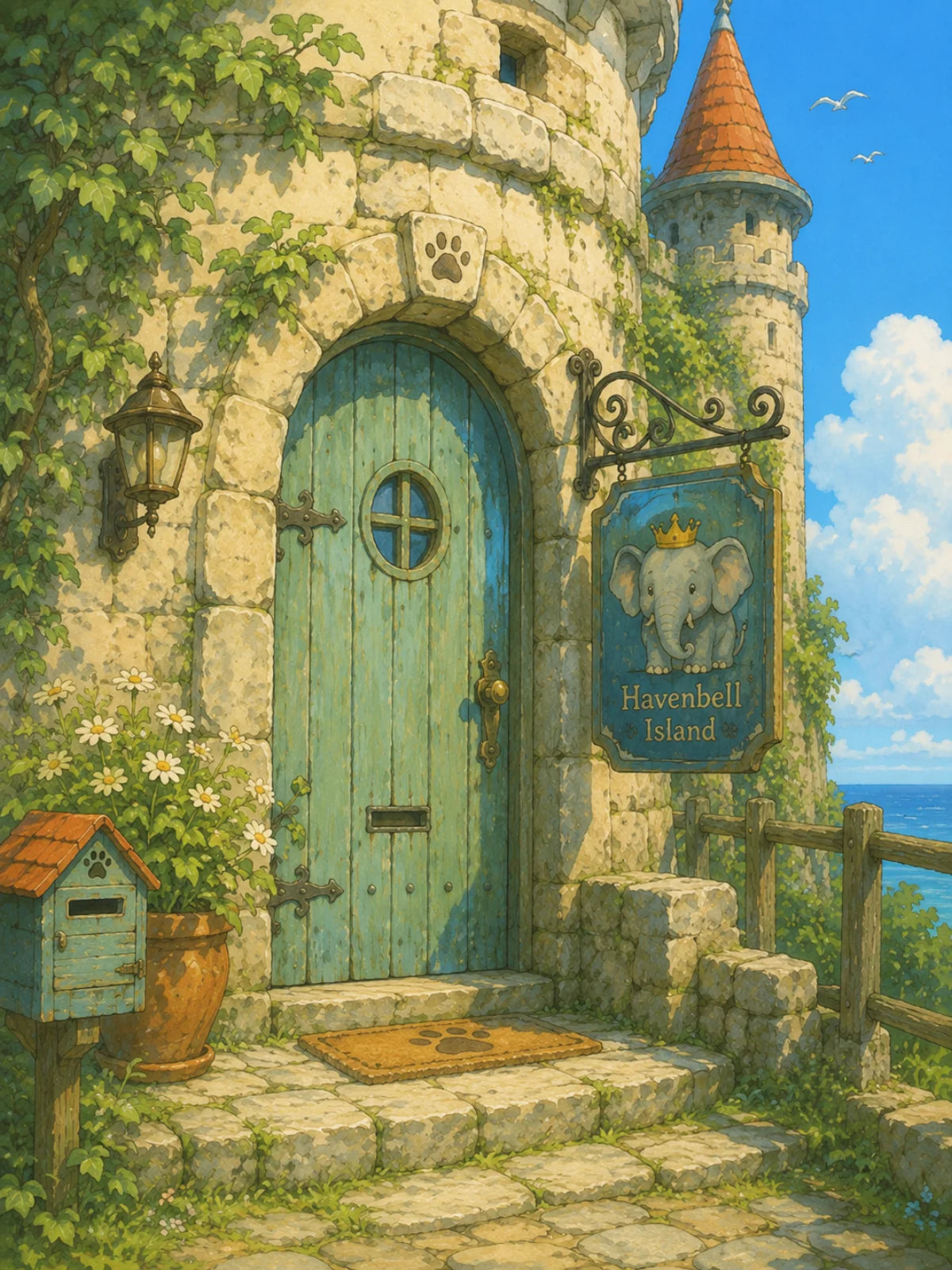 A sunlit stone castle entrance with a tall blue wooden door