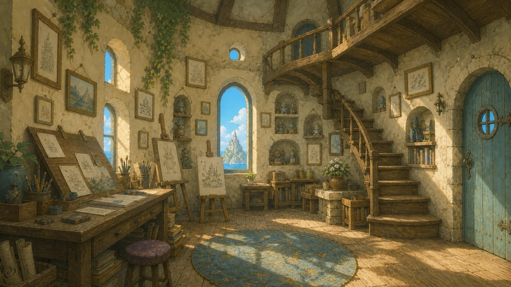 Yizcho's tower studio, with a drawing table, framed sketches, a curved staircase, and blue arched windows