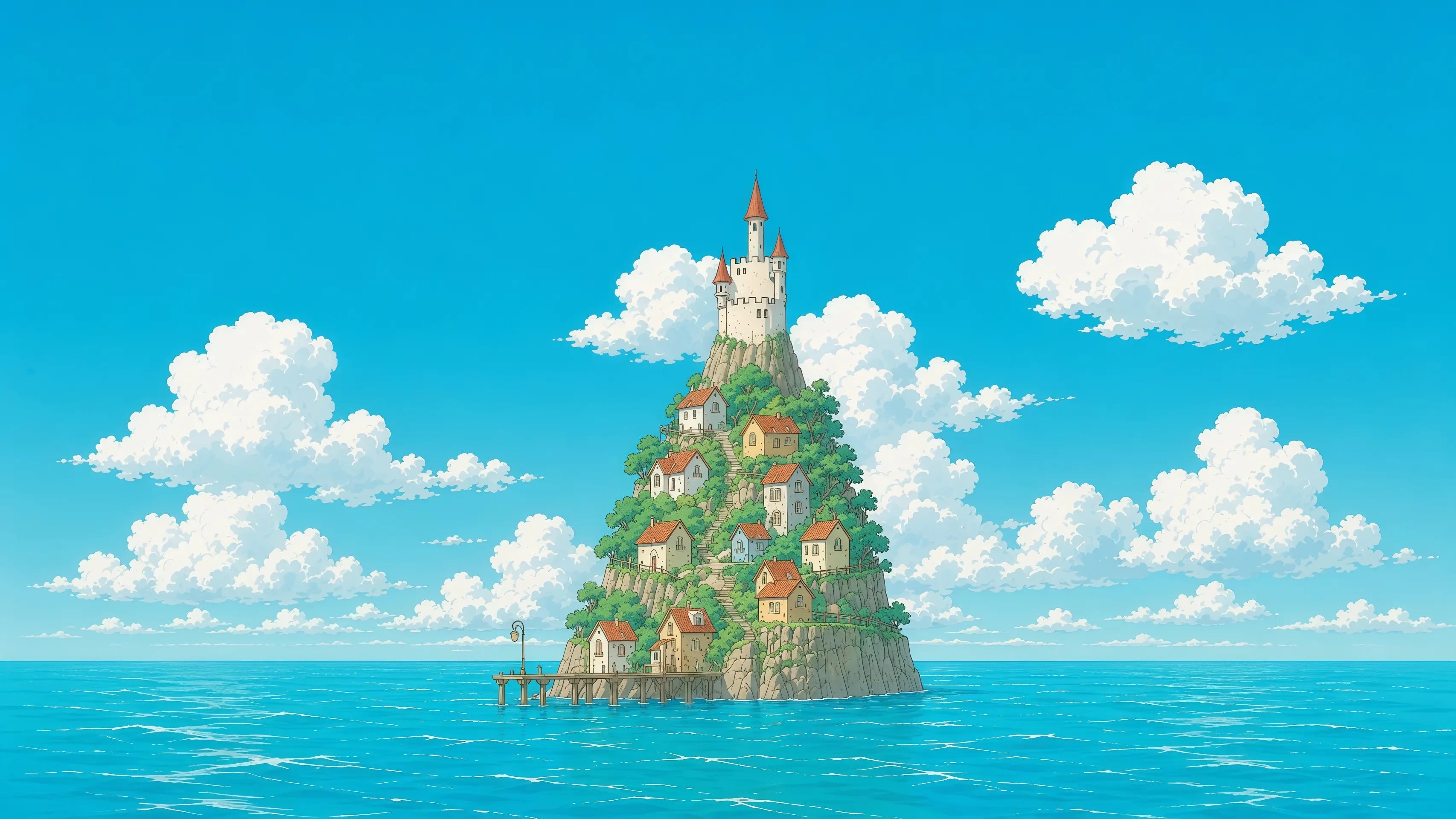 Yizcho Island rising from the sea, with a castle on the summit and houses along the hillside